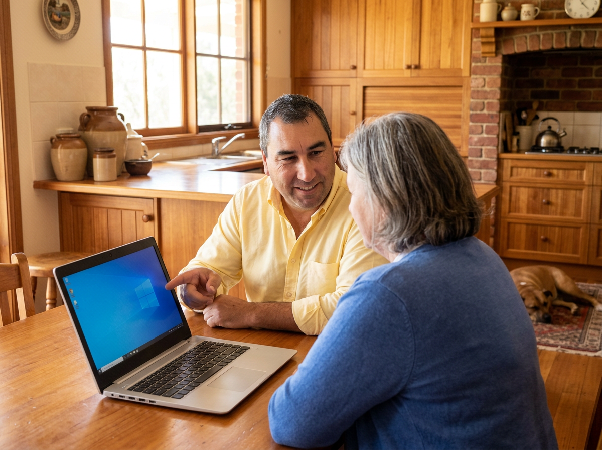 Nat helping a customer with her laptop at her kitchen table